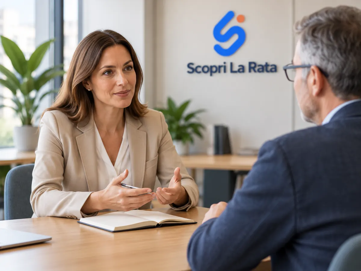 Due persone a colloquio a un tavolo, in un ufficio col marchio Scopri La Rata